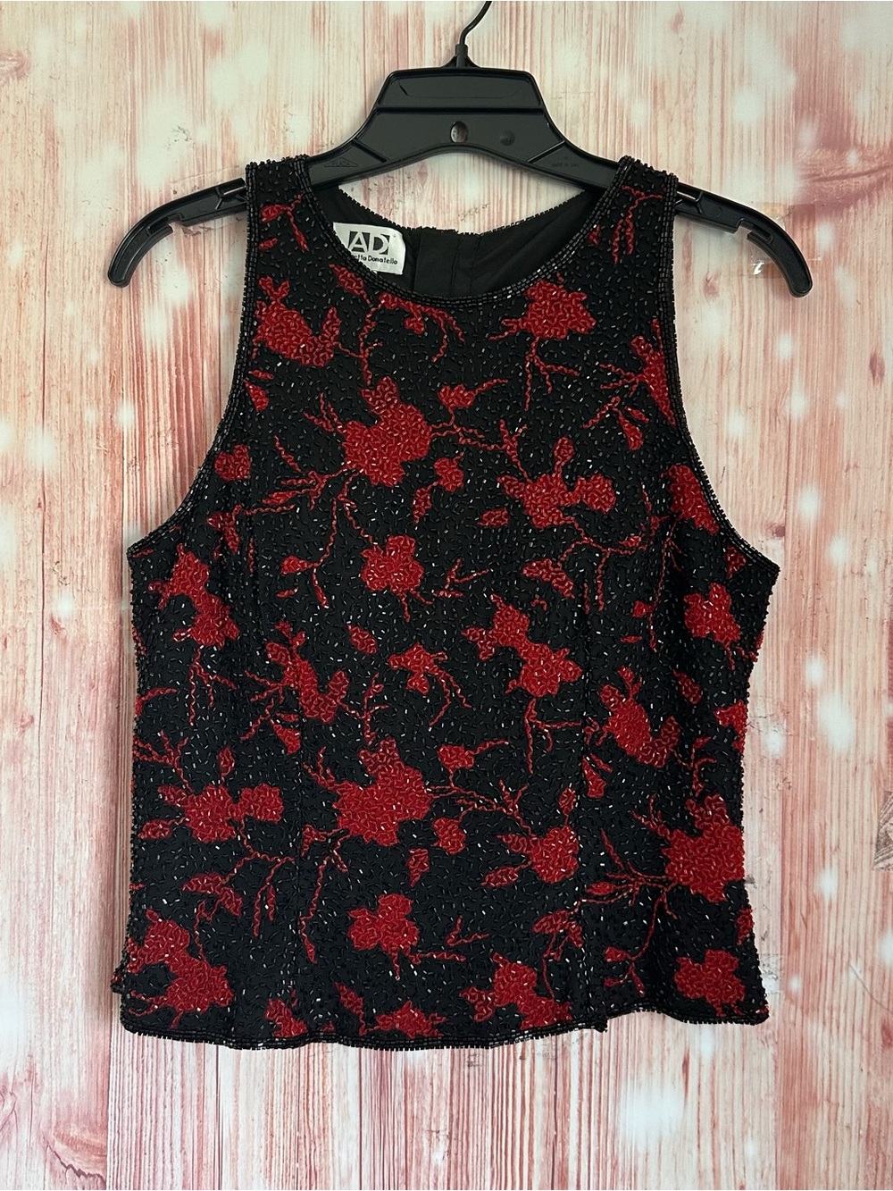 Andretta Donatello Black Vintage Silk Red Floral Print Beaded Evening Top Size M